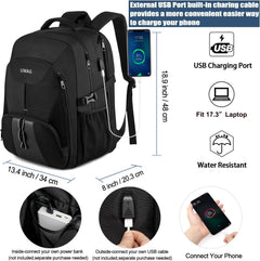 Extra Large 50L Travel Laptop Backpack,Water Resistant Work Backpack Bag with USB Charging Port,Anti Theft Big Business Backpack,College School Computer Rucksack for Men Women,Fits 17Inch Laptop-Black