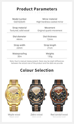Mens Wooden Watch Analog Quartz Stainless Steel Wirst Watches Luxury Dress Chronograph Waterproof Luminous Watches for Men Gift