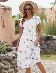 Womens Summer Dresses Short Sleeve Midi Dress Crew Neck Ladies Dress Casual Swing Dress with Pockets S-XXL