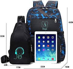 School Bags for Teenage Boys Camo Casual Backpacks Luminous Unisex Kids Rucksack Travel Canvas Daypack College Bookbag Waterproof Lightweight Student Back Pack Sling Shoulder Backpacks Set