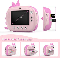 Kids Camera Instant Print, Digital Camera for Kids with No Ink Print Paper & 32G TF Card, Selfie Video Camera with Color Pens for DIY, Fun Gift for Girls Boys 3-14 Years Old (Pink)