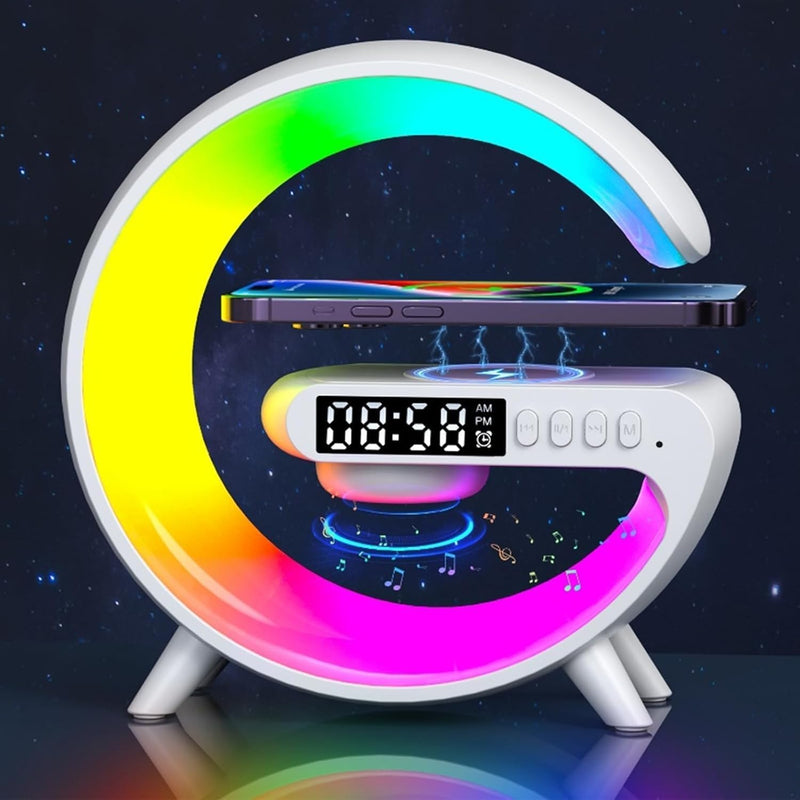 Wireless Charging G Shape Table Lamp & Atmosphere Night Light with Alarm Clock - Perfect Gift for Any Occasion!