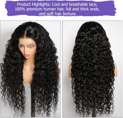 13X6 Water Wave Lace Front Wigs Human Hair 180% Density 20Inch Deep Wave Transparent Lace Frontal Curly Wigs Wet and Wavy Virgin Hair Natural Black