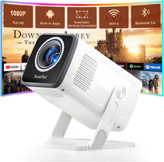 【Officially-Licensed App & Auto Vertical Keystone】 Mini White Smart Projector, Wifi 6 Bluetooth 5.4, Full HD 1080P Portable Projector with 210° Stand, Compatible with Smartphone