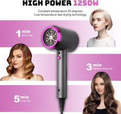 Hair Dryer Professional Lonic Hairdryer with 3 Speed 3 Heatsetting, Cool Shot Button, 1 Concentrator for Women Man Quickly Dry Hair Gray