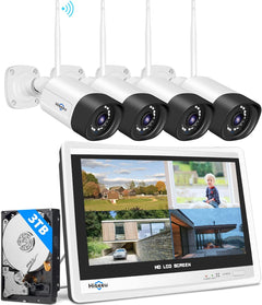 【5MP+3TB Hard Drive】 Wireless Security Camera System with 12"Monitor Wireless CCTV System 10CH Nvr,4X5Megapixel Outdoor Wifi IP Camera with 2-Way Audio Night Vision Remote View Instant Alert