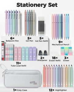 56 PCS Aesthetic School Supplies with Pencil Case (Grey) | 6 Multicolor Pens, 12 Pastel Highlighters, 5 Black Gel Pens, 9 Mechanical Pencils, Student Stationery Set College Essentials