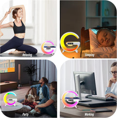 Wireless Charging G Shape Table Lamp & Atmosphere Night Light with Alarm Clock - Perfect Gift for Any Occasion!