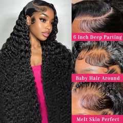 24 Inch 13X6 Deep Wave Lace Front Wigs Human Hair Wigs for Women HD Transparent Deep Curly Human Hair Wig 200 Density Pre Plucked Natural Color
