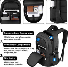 Anti-Theft Laptop Backpack, 15.6-17.3 Inch Business Laptop Rucksack Bag with USB Charging Port & Lock, Water Resistant Travel Backpack Computer Bag for Women Men, Black