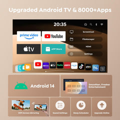 【Built-In Android 14 | Short Throw】 Mini Portable Projector 1080P 4K Supported, Smart Projector with 270° Rotation Stand, Auto Keystone, Wifi 6 Bluetooth 5.4, Home Cinema Projectors for Bedroom