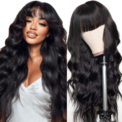 16 Inch Human Hair Wig with Fringe Wear and Go Glueless Wig Human Hair 2X4 Lace Front Body Wave Human Hair Wig for Women 100% Real Brazilian Hair Wigs with Bangs Natural Black