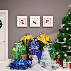 42 Pcs Christmas Drawstring Gift Bags - 10 Festive Designs in 5 Sizes for Perfect Holiday Wrapping