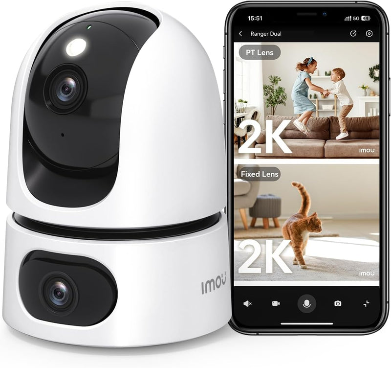 Dual-Lens 2K+2K Indoor Security Camera, House Security Camera 360°Full Coverage, Pet Baby Camera with APP, Color Night Vision, Human/Pet/Sound/Motion Detection, Siren Spotlight, 2.4Ghz Only