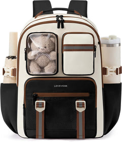 Cute School Backpack for Girls Ages 8-14, Bookbag with Plush Bear & Clear Display Pocket, Fits 15.6 Inch Laptop & 40Oz Tumbler, Back to School Backpack for Elementary & Middle School