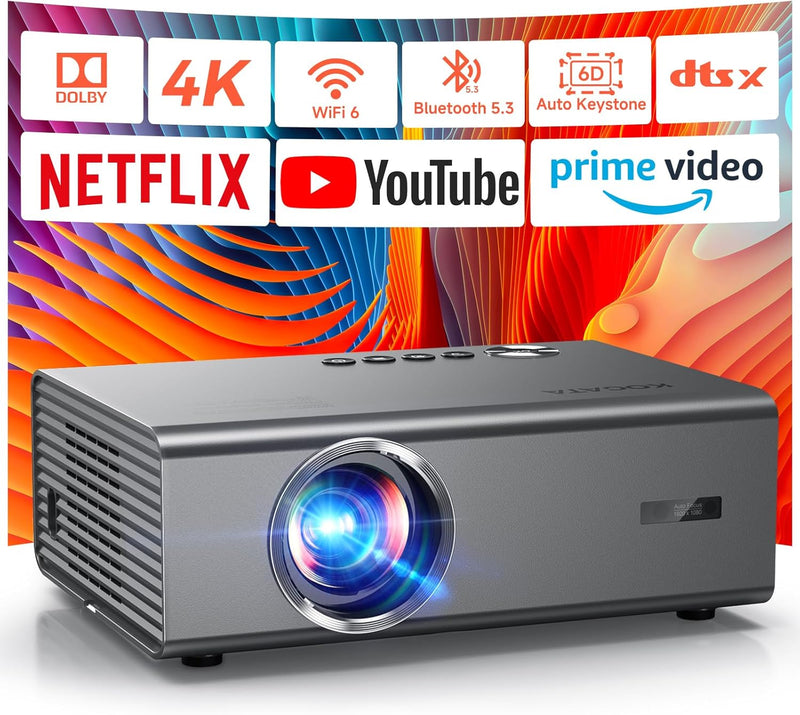 4K Smart Projector for Home and Outdoor Cinema with Netflix Smart OS, HDR10, AI Auto Focus, 6D Keystone, WiFi 6, and Bluetooth 5.3