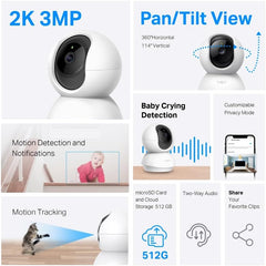 C210 2K 3MP Pan/Tilt Indoor House Security Camera, Wifi Camera, No Monthly Fee, AI Detection, Baby Camera Monitor, Pet Camera, Dog Camera, 360° View, Night Vision, Works with Alexa & Google