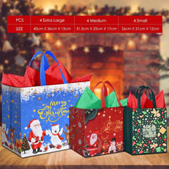 12-Pack Reusable Christmas Tote Bags with Tissue Paper - Extra Large, Large & Medium Non-Woven Gift Bags for Holiday Parties & Decorations