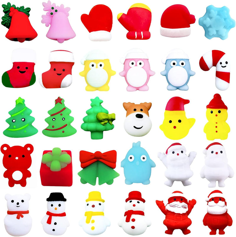 30Pcs Christmas Mochi Squishy Toys,Christmas Mini Kawaii Moji,Xmas Squeeze Soft Fidget Toys Include Santa Snowman Xmas Tree for Xmasparty Bags Fillers Girls Boys Kids Treats Party Favors Gifts
