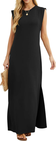 Womens Summer Maxi Dress Casual Shirt Dresses Elegant Styles Basic Sleeveless Maxi Dresses for Women UK with Split and Pockets