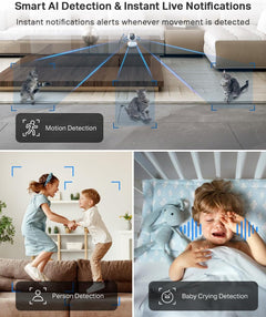 TC70 Pan/Tilt Indoor Camera House Security Camera, Dog Camera, No Monthly Fee, AI Detection, Wifi Camera, Baby Camera Monitor, 1080P Full HD, 360° View, Night Vision, Works with Alexa & Google