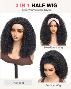 Half Wig Human Hair 200 Density Kinky Curly Half Wig 3 in 1 Seamless Flip over Glueless Wigs Human Hair with Drawstring Beginner Friendly Curly Wig Headband Wig for Women Daily Wear 16 Inch