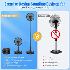Portable Oscillating Standing Pedestal Fan with Remote Control, 8.6 Inch Silent 8000Mah Rechargeable Battery USB Powered Floor Fan, Height Adjustable Foldable Desk Table Fans for Bedroom Home Black