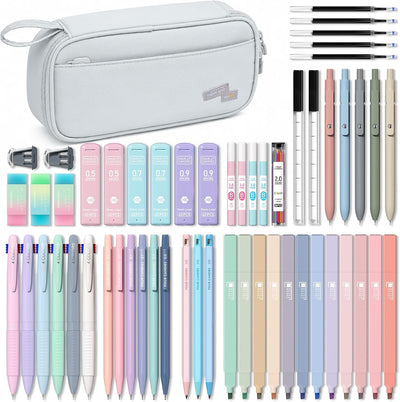 56 PCS Aesthetic School Supplies with Pencil Case (Grey) | 6 Multicolor Pens, 12 Pastel Highlighters, 5 Black Gel Pens, 9 Mechanical Pencils, Student Stationery Set College Essentials
