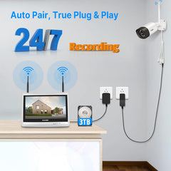 【5MP+3TB Hard Drive】 Wireless Security Camera System with 12"Monitor Wireless CCTV System 10CH Nvr,4X5Megapixel Outdoor Wifi IP Camera with 2-Way Audio Night Vision Remote View Instant Alert
