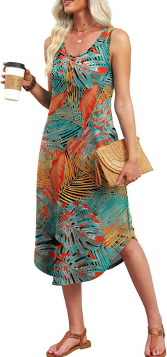 Summer Dresses for Women UK Ladies Sleeveless Dress Womens Button Front Beach Sundresses with Pockets Midi Length Dresses