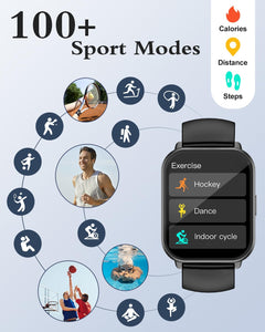 Smart Watch - 1.85" HD Fitness Tracker with Call Answering, Spo2 & Heart Rate Monitor, Waterproof, 100+ Sports Modes, 2 Bands for Men & Women