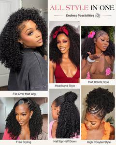Half Wig Human Hair 200 Density Kinky Curly Half Wig 3 in 1 Seamless Flip over Glueless Wigs Human Hair with Drawstring Beginner Friendly Curly Wig Headband Wig for Women Daily Wear 16 Inch