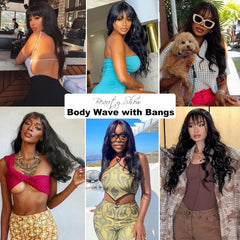 16 Inch Human Hair Wig with Fringe Wear and Go Glueless Wig Human Hair 2X4 Lace Front Body Wave Human Hair Wig for Women 100% Real Brazilian Hair Wigs with Bangs Natural Black