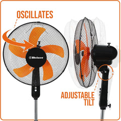 16 Inch Pedestal Fan with Oscillation, Adjustable Height, Quiet Powerful Cooling Airflow, 45W, Black & Orange