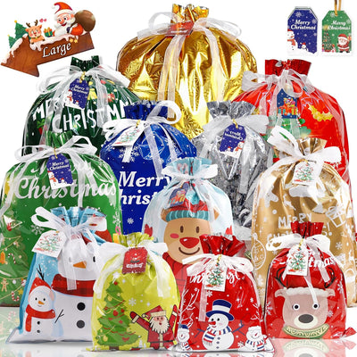 30Pcs Assorted Christmas Drawstring Gift Bags - Large, Medium & Small Wrapping Bags with 12 Designs & Tags for Festive Presents & Party Fun!