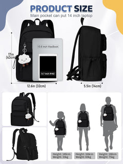 Backpack Womens School Bag Girls Boys, Lightweight Water-Resistant Fits 15.6” Laptop Large Capacity Rucksack with Anti-Theft Pocket, Ideal for School College Commuting Travel Black
