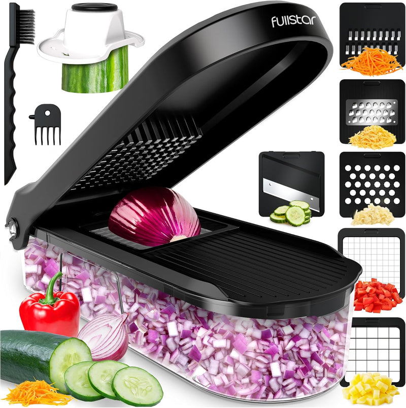 Vegetable Chopper Cutter Mandoline Slicer Cheese Grater - Food Onion Salad Veggie Chopper with Container - French Fry Potato Dicer Slicer Cutter - Kitchen Tools Gadgets (6-In-1 Compact Black)