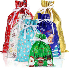 Festive 12-Pack Foil Drawstring Gift Bags for Christmas - Perfect for Presents, Parties, and Holiday Decor!