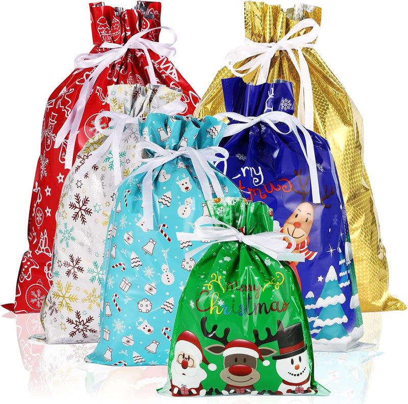 Festive 12-Pack Foil Drawstring Gift Bags for Christmas - Perfect for Presents, Parties, and Holiday Decor!