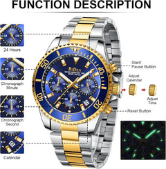 Mens Watches Chronograph Stainless Steel Analog Quartz Watch Waterproof Men'S Wrist Watches Business Casual Fashion Watch for Men