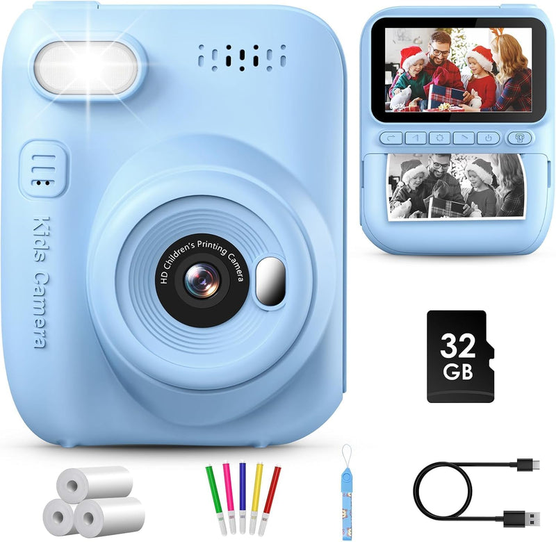 Kids Camera Instant Print, 3.0'' Instant Camera for Kids with 32GB Card & 3 Rolls Print Paper, 1080P Kids Digital, Gift Toy for Boys Girls 3-12 Years Old