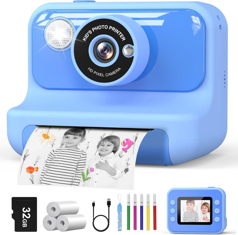 Kids Camera Instant Print, 2.4'' Instant Camera for Kids, 1080P Children Cameras with 32GB Card & 3 Rolls Photo Paper, Christmas Birthday Gifts Toys for Girls & Boys Aged 3-12 -Blue
