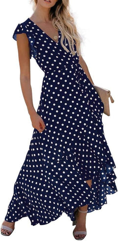 Womens Summer Maxi Dress Boho Floral Cocktail Midi Polka Dot Wrap Dresses V Neck Casual Party Bohemian Flowy Long Dress for Ladies