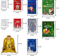 42 Pcs Christmas Drawstring Gift Bags - 10 Festive Designs in 5 Sizes for Perfect Holiday Wrapping