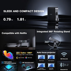 【Officially-Licensed APP & Thinnest Design】Smart Mini Projector 4K with Auto Focus & Keystone,  1000 ANSI Native 1080P Wifi 6 Bluetooth Portable Projector, Movie Projectors for Bedroom/Outdoor