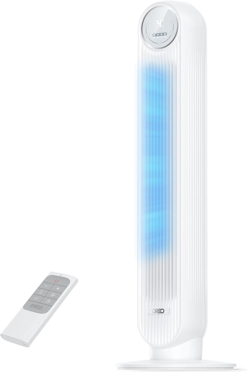 20Db Silent Tower Fan, 28 Ft/S Velocity Electric Cooling Fan with Remote, 90° Oscillating 8 Speeds 4 Modes 8H Timer LED Display, DC Motor Quiet Standing Bladeless Floor Fans for Bedroom, White