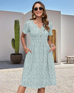 Women'S Summer Short Sleeve Dresses with Midi Empire Causal V Neck Pleated Dress with Pockets