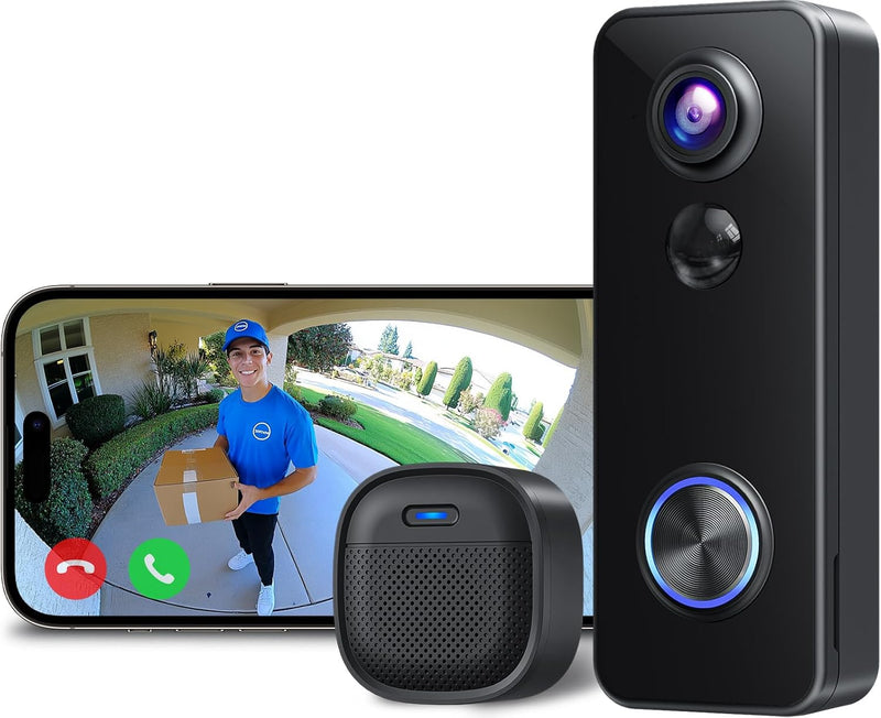 Video Doorbell Camera Wireless, 2K HD Smart Door Bell Camera Head-To-Toe View, Battery Operated, PIR Motion Detection, Night Vision, 2-Way Audio, SD Card & Cloud Storage, Works with Alexa