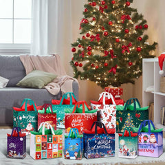 Festive 12-Pack Christmas Bags with Tissue Paper - Reusable Tote with Handles for Holiday Treats & Party Favors!