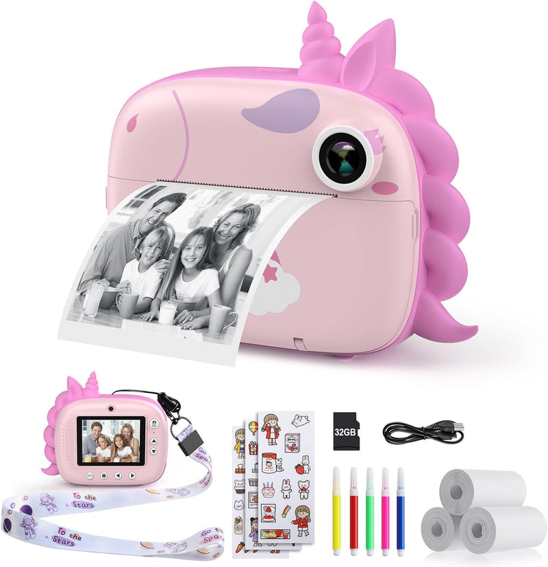 Kids Camera Instant Print, Digital Camera for Kids with No Ink Print Paper & 32G TF Card, Selfie Video Camera with Color Pens for DIY, Fun Gift for Girls Boys 3-14 Years Old (Pink)
